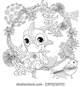 Coloring pictures. Cute dragon. Anti-stress hand drawing. The pictures are perfect for creating wallpaper, labels, crafts and other projects.

