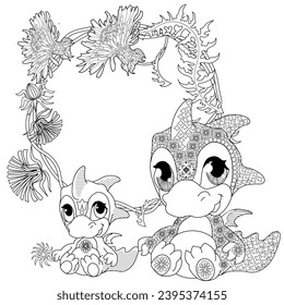 Coloring pictures. Cute dragon. Anti-stress hand drawing. The pictures are perfect for creating wallpaper, labels, crafts and other projects.

