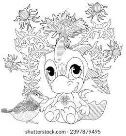 Coloring pictures. Cute dragon. Anti-stress hand drawing. The pictures are perfect for creating wallpaper, labels, crafts and other projects.
