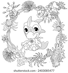 Coloring pictures. Cute dragon. Anti-stress hand drawing. The pictures are perfect for creating wallpaper, labels, crafts and other projects.
