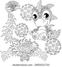 Coloring pictures. Cute dragon. Anti-stress hand drawing. The pictures are perfect for creating wallpaper, labels, crafts and other projects.
