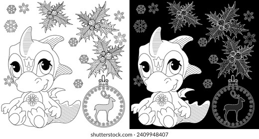 Coloring pictures. Cute dragon. Anti-stress hand drawing. The pictures are perfect for creating wallpaper, labels, crafts and other projects.
