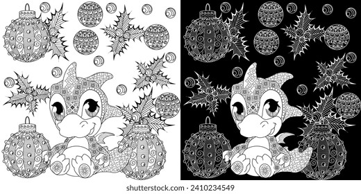 Coloring pictures. Cute dragon. Anti-stress hand drawing. The pictures are perfect for creating wallpaper, labels, crafts and other projects.
