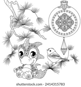 Coloring pictures. Cute dragon. Anti-stress hand drawing. The pictures are perfect for creating wallpaper, labels, crafts and other projects.
