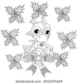 Coloring pictures. Cute dragon. Anti-stress hand drawing. The pictures are perfect for creating wallpaper, labels, crafts and other projects.