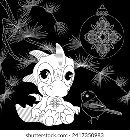 Coloring pictures. Cute dragon. Anti-stress hand drawing. The pictures are perfect for creating wallpaper, labels, crafts and other projects.
