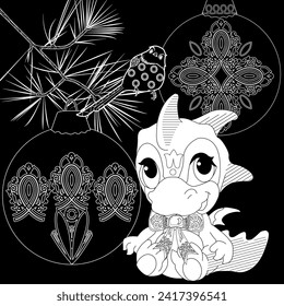 Coloring pictures. Cute dragon. Anti-stress hand drawing. The pictures are perfect for creating wallpaper, labels, crafts and other projects.
