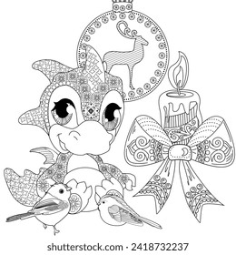 Coloring pictures. Cute dragon. Anti-stress hand drawing. The pictures are perfect for creating wallpaper, labels, crafts and other projects.
