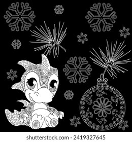 Coloring pictures. Cute dragon. Anti-stress hand drawing. The pictures are perfect for creating wallpaper, labels, crafts and other projects.
