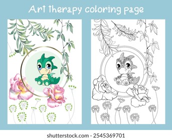 Coloring pictures. Cute dragon. Anti-stress hand drawing. The pictures are perfect for creating wallpaper, labels, crafts and other projects.
