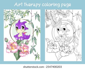 Coloring pictures. Cute dragon. Anti-stress hand drawing. The pictures are perfect for creating wallpaper, labels, crafts and other projects.
