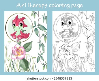 Coloring pictures. Cute dragon. Anti-stress hand drawing. The pictures are perfect for creating wallpaper, labels, crafts and other projects.
