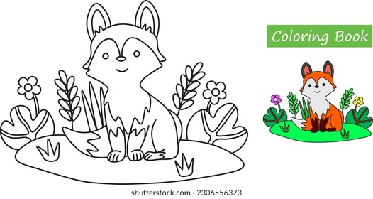 Coloring pictures of cute orange foxes. Preschooler activity paper. learn mearnai. Child education. Vector illustration