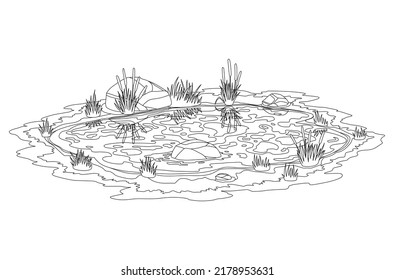 Coloring of picturesque natural pond. Water pond with reeds and stones. Concept of outdoor scene in sketch style. Open small swamp lake. Countryside landscape