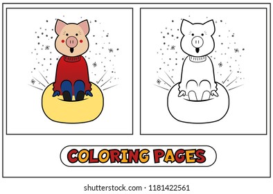 The coloring of the pig is rolled from the slide on a rubber cheesecake. Set of coloring for children for the new year 2019 and Christmas with mumps winter sports. Vector illustration