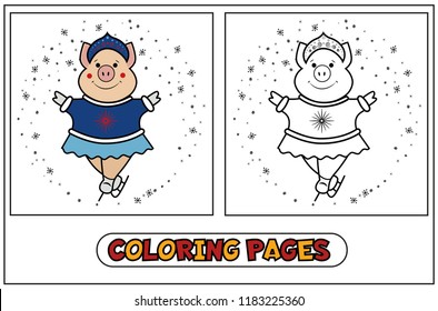 Coloring piggy - Snow Maiden dances on skates. Illustration from the set for the new year 2019 and Christmas for children's creativity. Vector illustration on white background.