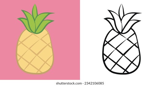 Coloring the pineapple fruit. Simple coloring page for kids. Fun activity for kids. Educational printable coloring worksheet. Coloring activity for children. Vector illustration.