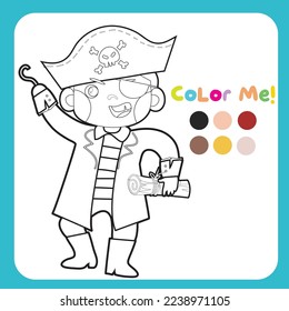 Coloring pirate worksheet for children. Educational printable worksheet. Cute pirate illustration. Vector file for coloring sheet.