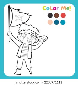 Coloring pirate worksheet for children. Educational printable worksheet. Cute pirate illustration. Vector file for coloring sheet.
