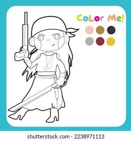 Färben der Piratenübersicht für Kinder. Bilddruckblatt. Cute Pirat Illustration. Vektordatei zum Färben von Bogen.