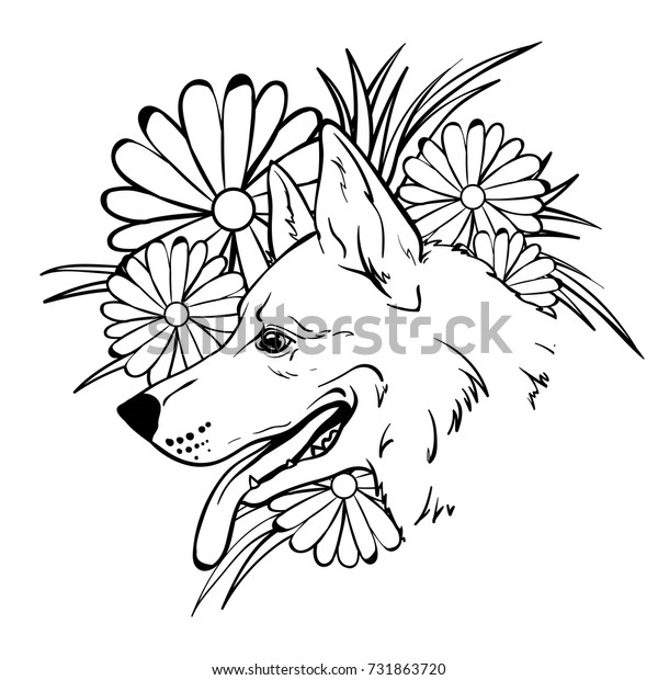 Coloring Portrait Dog Flowers Vector Illustration: เวกเตอร์สต็อก (ปลอด