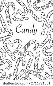 Coloring postcard with free space for text or candy inscriptions. Christmas candy cane pattern. Beautiful entertainment for the holidays for children and adults.