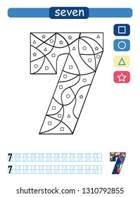 Coloring printable worksheet for kindergarten and preschool. Learning numbers and simple shapes. 