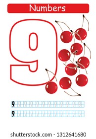 Coloring printable worksheet for kindergarten and preschool. Learn and train to write numbers. Nine.