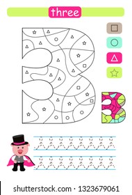 Coloring printable worksheet for kindergarten and preschool. Learning numbers and simple shapes. Three