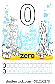 Coloring printable worksheet for kindergarten and preschool. We train to write numbers. Mathe exercises. Bright figures on a marine background with cute marine life.