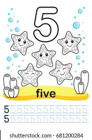 Coloring printable worksheet for kindergarten and preschool. We train to write numbers. Mathe exercises. Bright figures on a marine background with cute marine life.