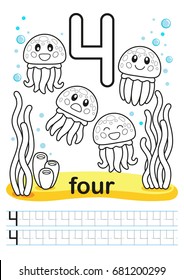 Coloring printable worksheet for kindergarten and preschool. We train to write numbers. Mathe exercises. Bright figures on a marine background with cute marine life.