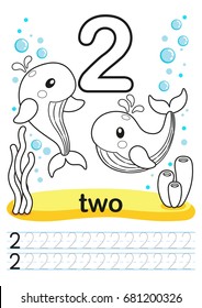 Coloring printable worksheet for kindergarten and preschool. We train to write numbers. Mathe exercises. Bright figures on a marine background with cute marine life.