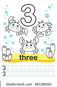 Coloring printable worksheet for kindergarten and preschool. We train to write numbers. Mathe exercises. Bright figures on a marine background with cute marine life.