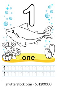 Coloring printable worksheet for kindergarten and preschool. We train to write numbers. Mathe exercises. Bright figures on a marine background with cute marine life.