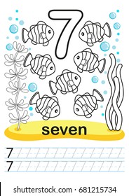 Coloring printable worksheet for kindergarten and preschool. We train to write numbers. Math exercises. Bright figures on a marine background with cute marine life.