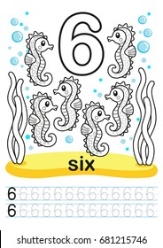 Coloring printable worksheet for kindergarten and preschool. We train to write numbers. Math exercises. Bright figures on a marine background with cute marine life.