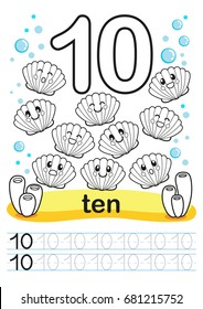 Coloring printable worksheet for kindergarten and preschool. We train to write numbers. Math exercises. Bright figures on a marine background with cute marine life.