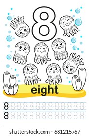 Coloring printable worksheet for kindergarten and preschool. We train to write numbers. Math exercises. Bright figures on a marine background with cute marine life.