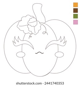 Coloring pumpkin cute with eyes and eyelashes and blush, with leaves and curls, vector, line with color swatches for painting