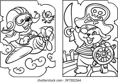 Coloring. Puppy on the plane. Puppy in a pirate costume. Cartoon illustration isolated on white background.