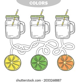 Coloring. Puzzle and activity for children. Go through the maze and color the lemonade with the correct fruit color.