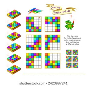 Coloring puzzle for kids. Sudoku 3D. Find the places for blocks of puzzles and paint them in empty spaces so that each line has 6 different colors. Set of logic games. Page for brain teaser book.