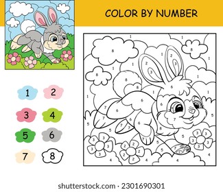 Coloring puzzle with number of color for kids with cute rabbit. Printable coloring worksheet for kids leisure. Black and white picture with color illustration example. Cartoon vector illustration