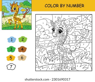 Coloring puzzle with number of color for kids with cute baby giraffe in the savannah. Coloring page for kids. Black and white picture with color illustration example.Cartoon vector illustration