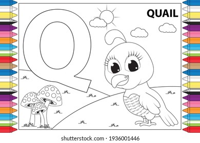 coloring Quail animal cartoon with alphabet letters for kids