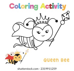 Colorando la abeja reina. Actividades de coloración para niños en edad preescolar y preescolar. Hoja de trabajo de coloreado imprimible para educación. Archivo de ilustración del vector.