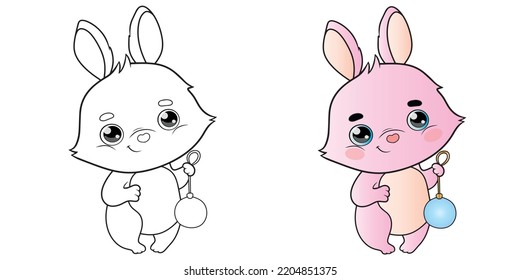 Coloring Rabbit With A Christmas Tree Toy, Christmas Rabbit Clipart, Color And Black And White Vector Illustration, Pink Rabbit Print