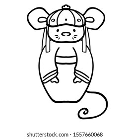 Coloring Rat or Mouse in tang suit. Happy Chinese New Year Doodle, Vector Illustration in Cartoon style