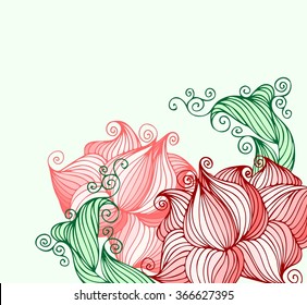 Coloring, relaxation, meditation.  
Drawing vector graphics with floral pattern for design. Floral flower natural design. Graphic, sketch drawing. lily, tulip.
